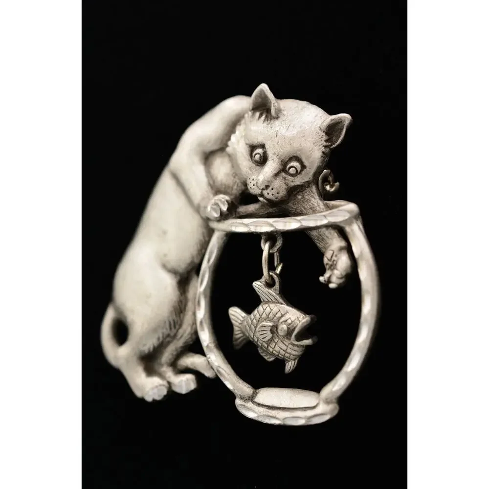 JJ Cat Pin Brooch Brushed Silver Pewter Fish Bowl Dangling Vintage Signed 80s 9B